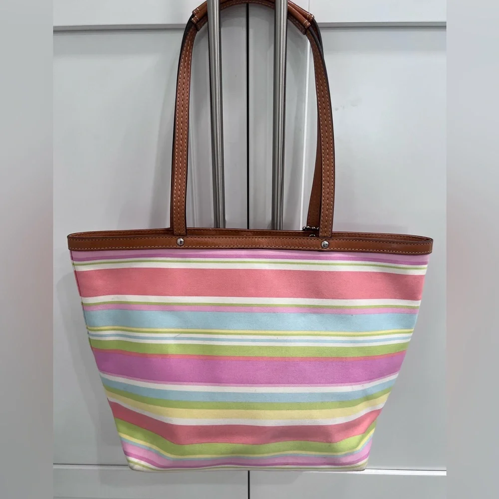Coach Hampton Canvas Vintage Tote Bag Pastel Striped Leather Trim Y2K - Picture 2 of 5